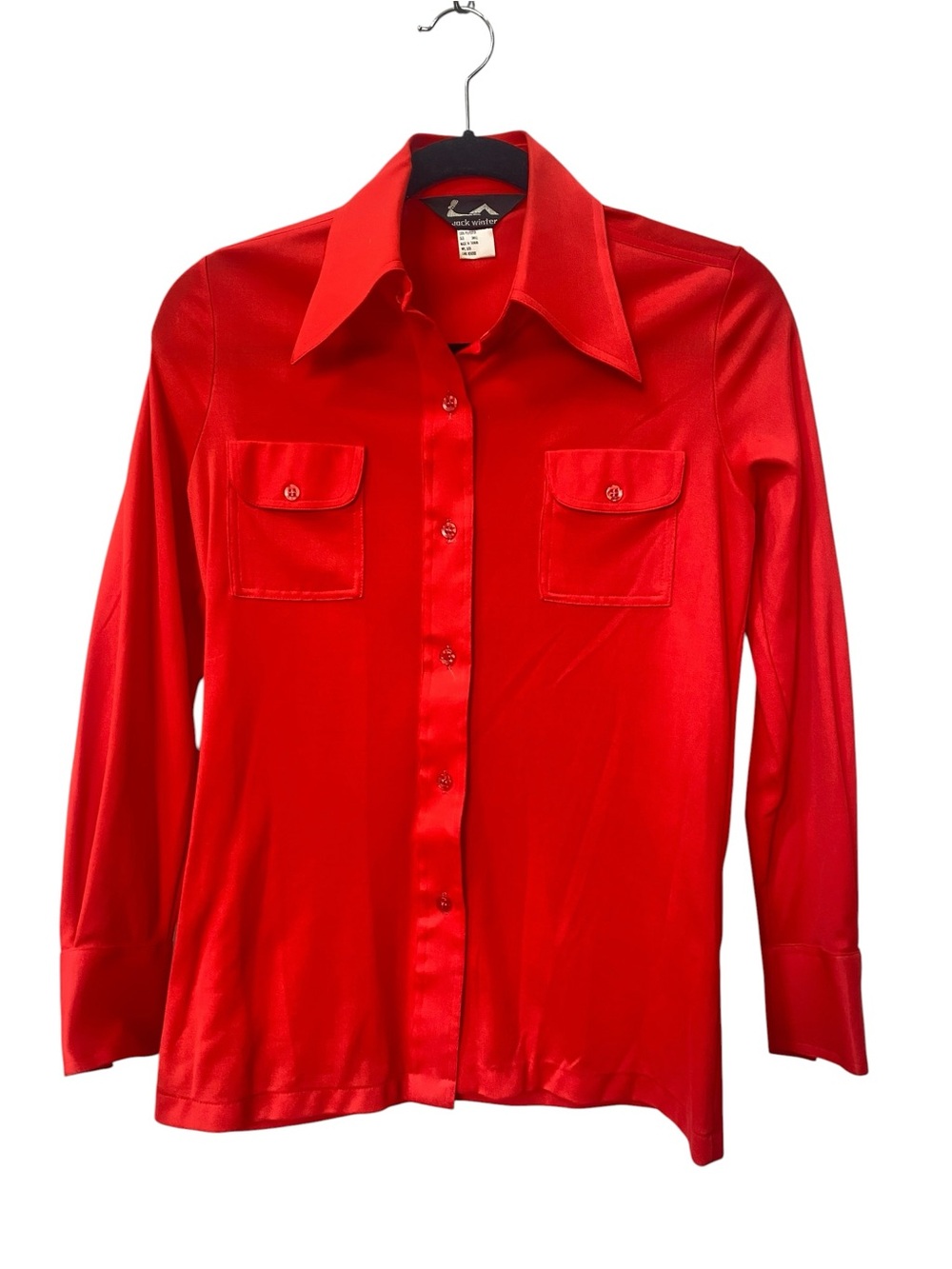 Vintage 70s Jack Winter Solid Red Dagger Collar Button Shirt Top Blouse S